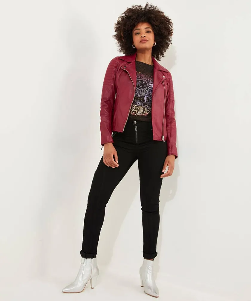 Joe Browns Stitch Detail Leather Biker Jacket-Women Leather Jackets|Coats & Jackets